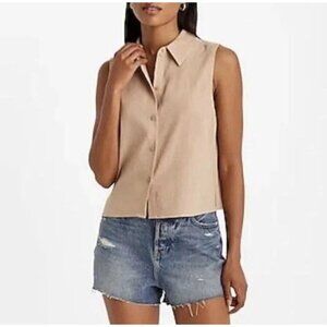 Express Women's Linen-Blend Sleeveless Button Up Shirt Beige Size XL NWT $54